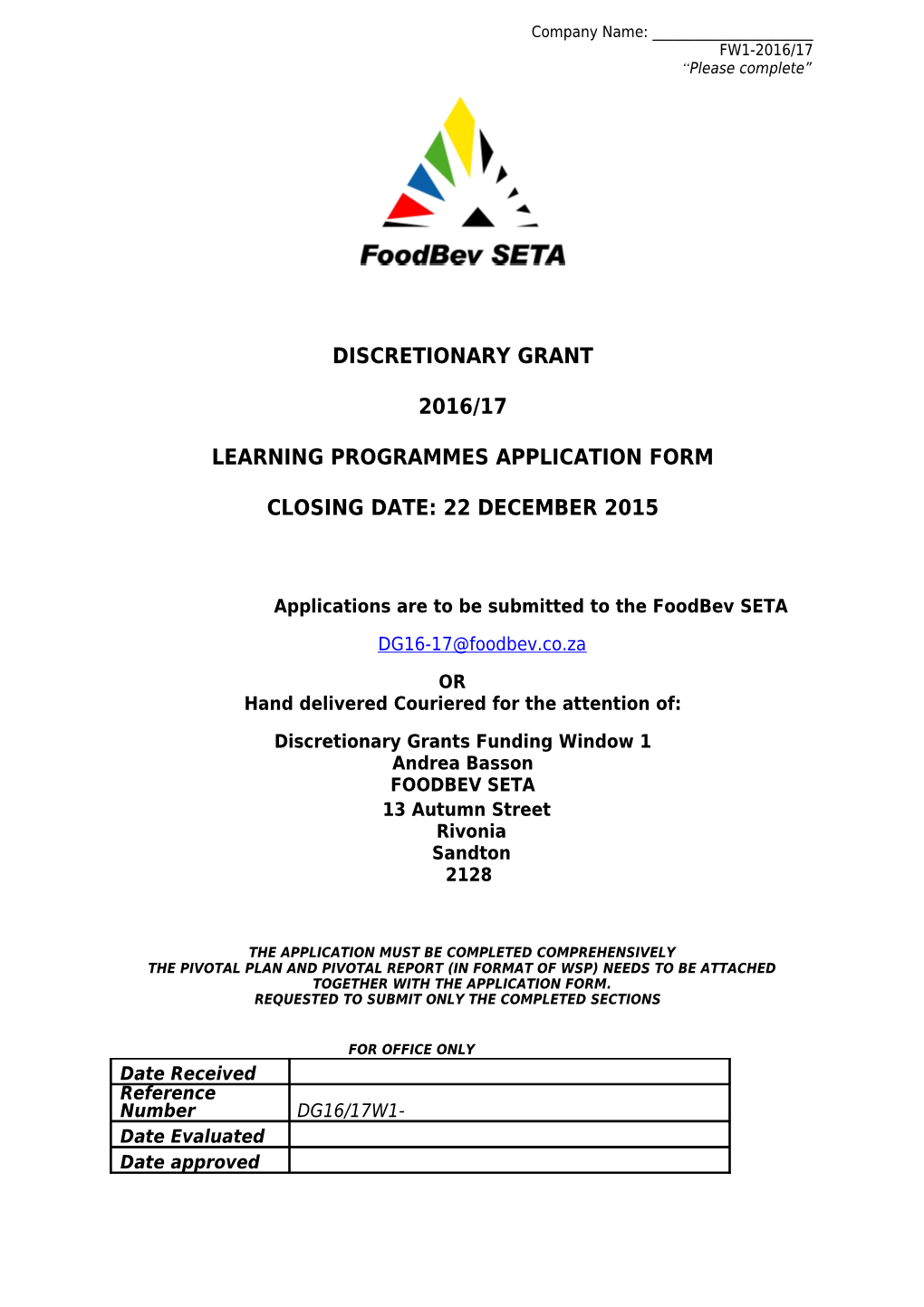 Applications Are to Be Submitted to the Foodbev SETA