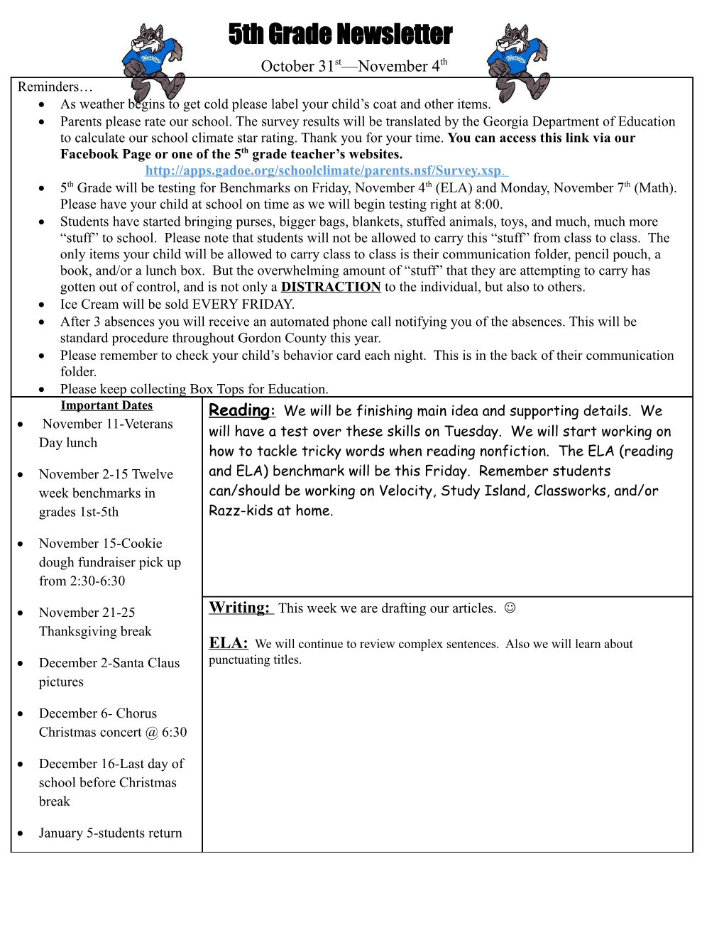 5Th Grade Newsletter