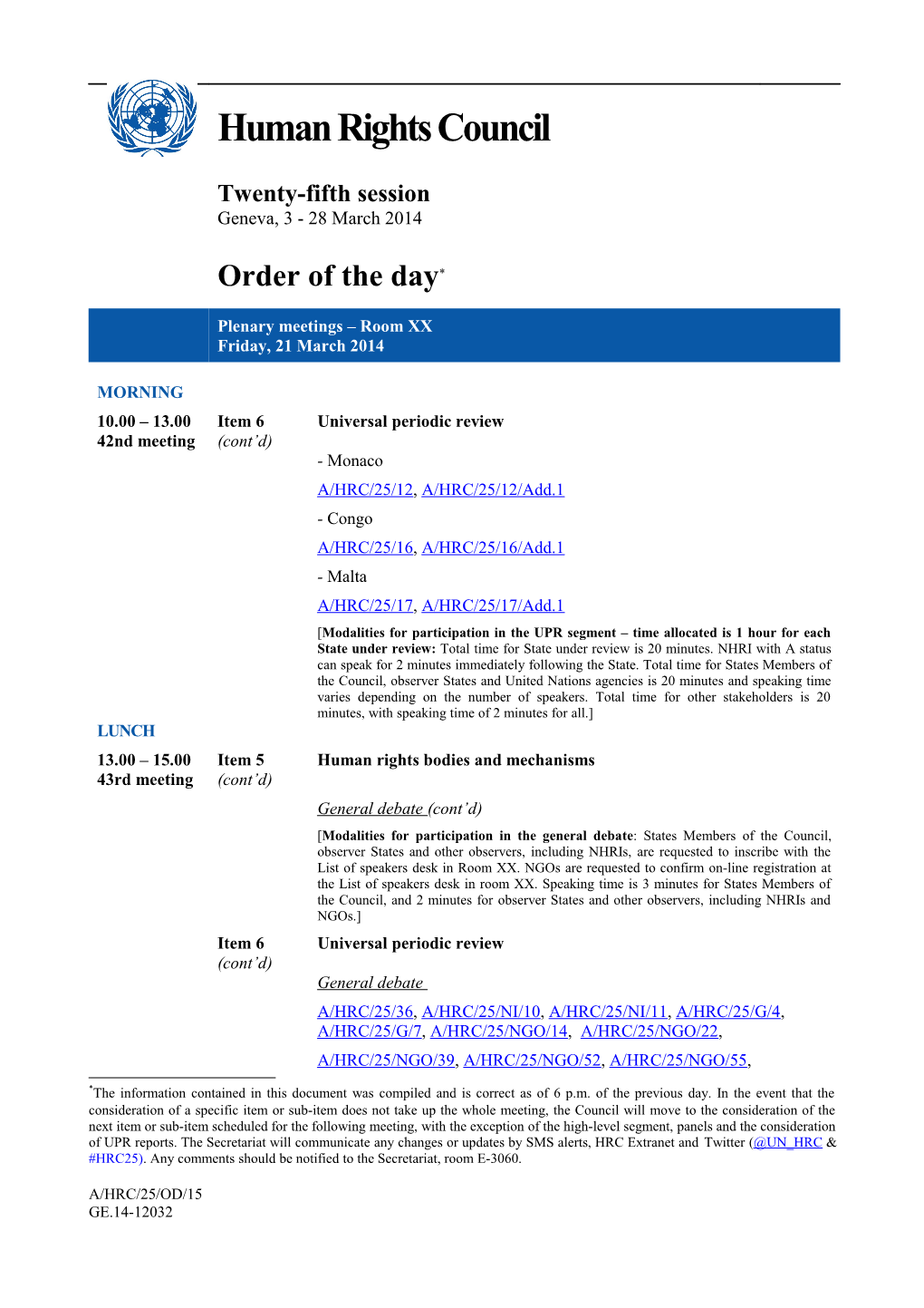 Order of the Day, 21 March 2014