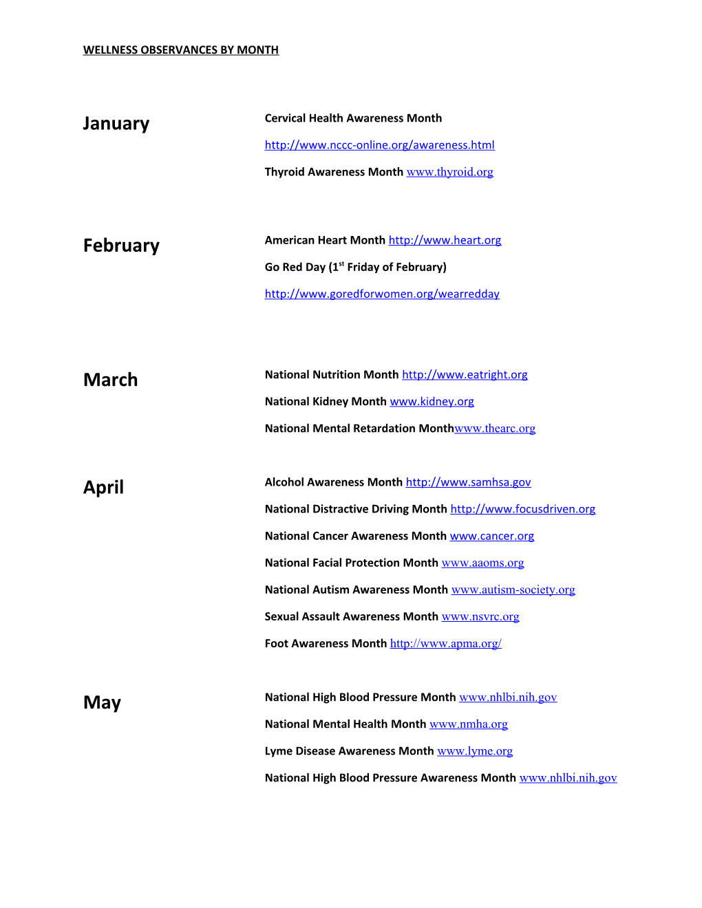 Wellness Observances by Month