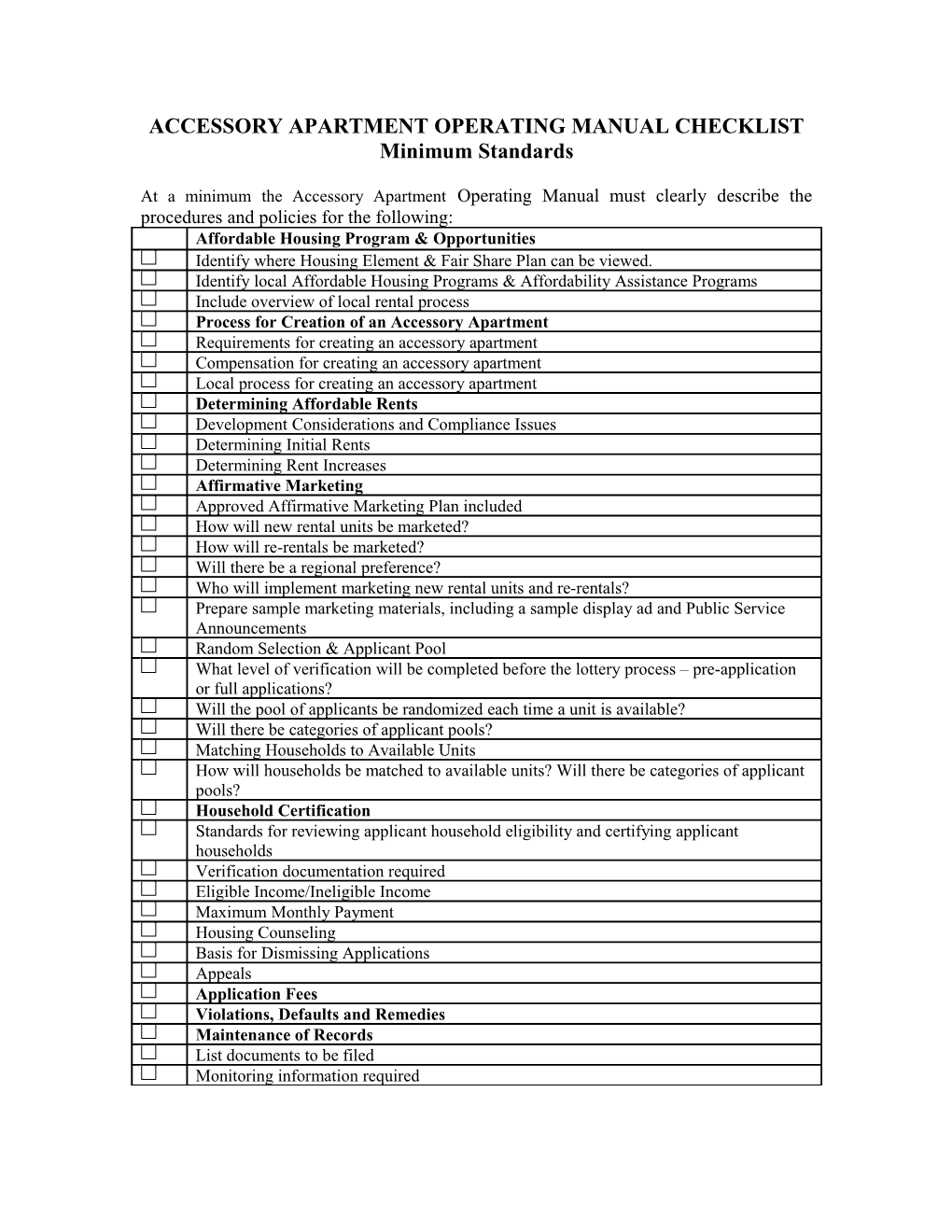 Accessory Apartment Operating Manual Checklist