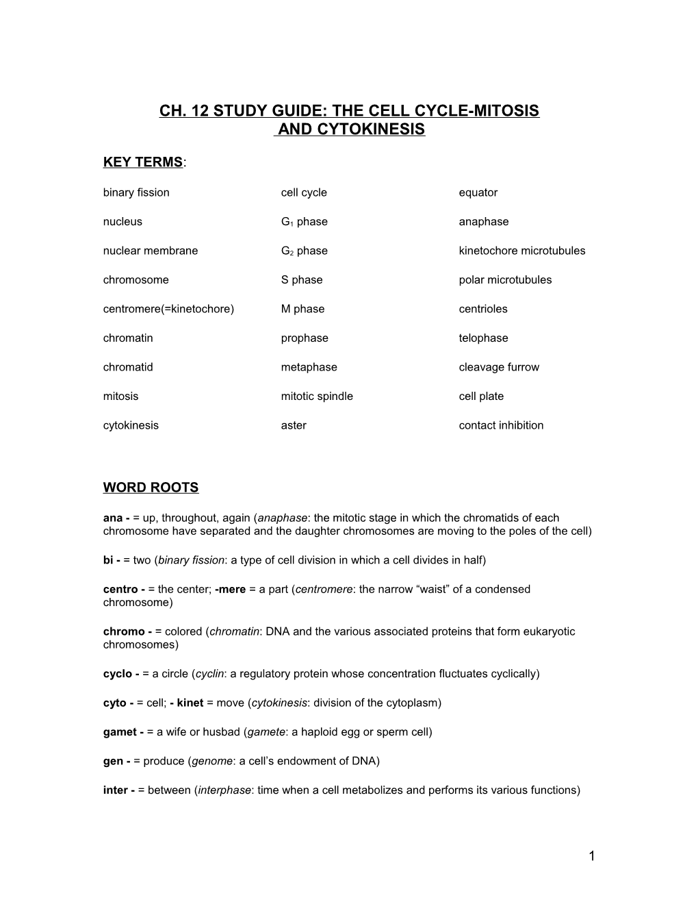 Study Guide: the Cell Cycle-Mitosis and Cytokinesis