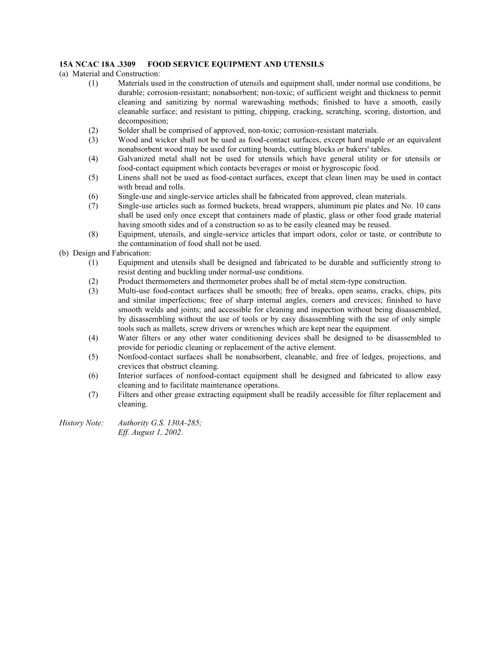 15A Ncac 18A .3309 FOOD SERVICE EQUIPMENT and UTENSILS