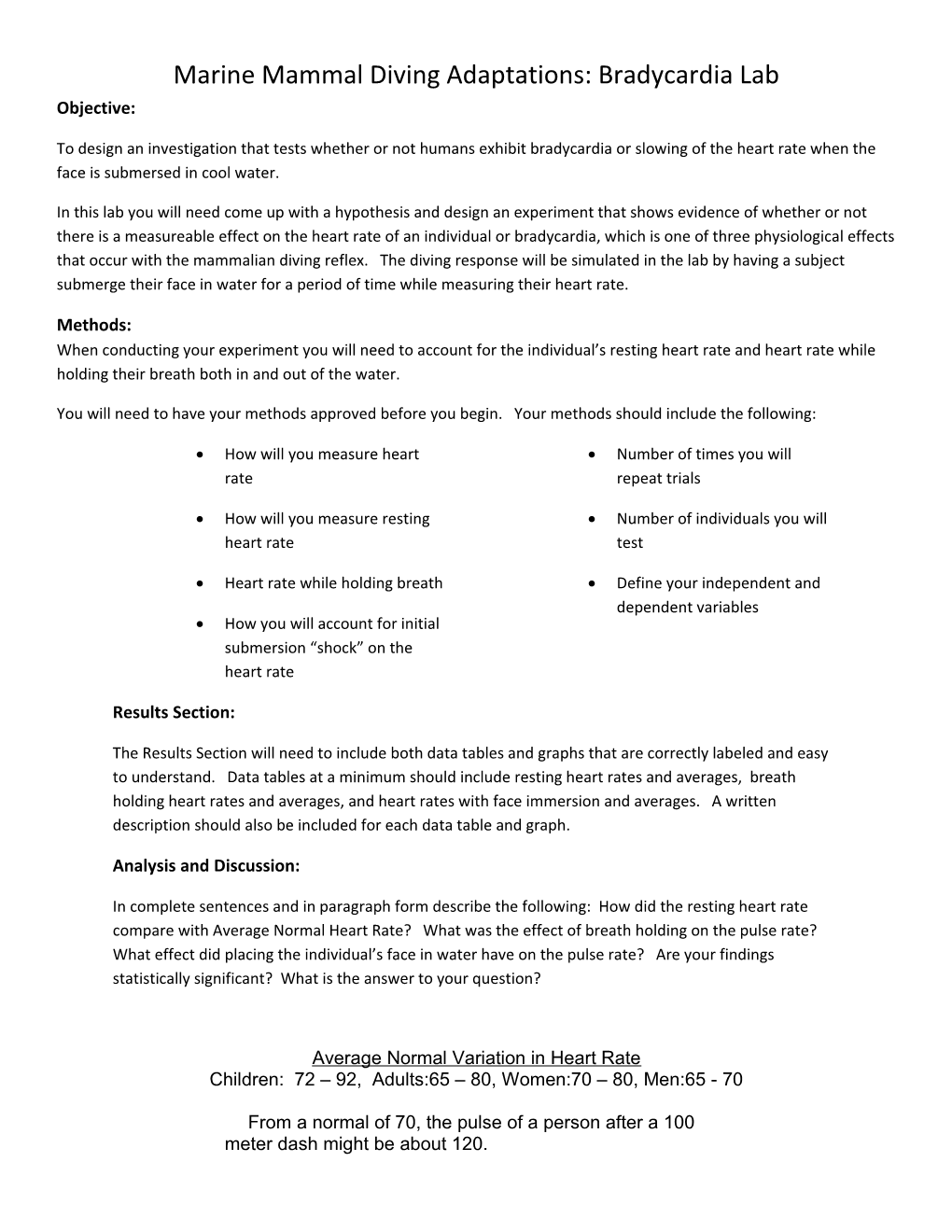 Marine Mammal Diving Adaptations: Bradycardia Lab