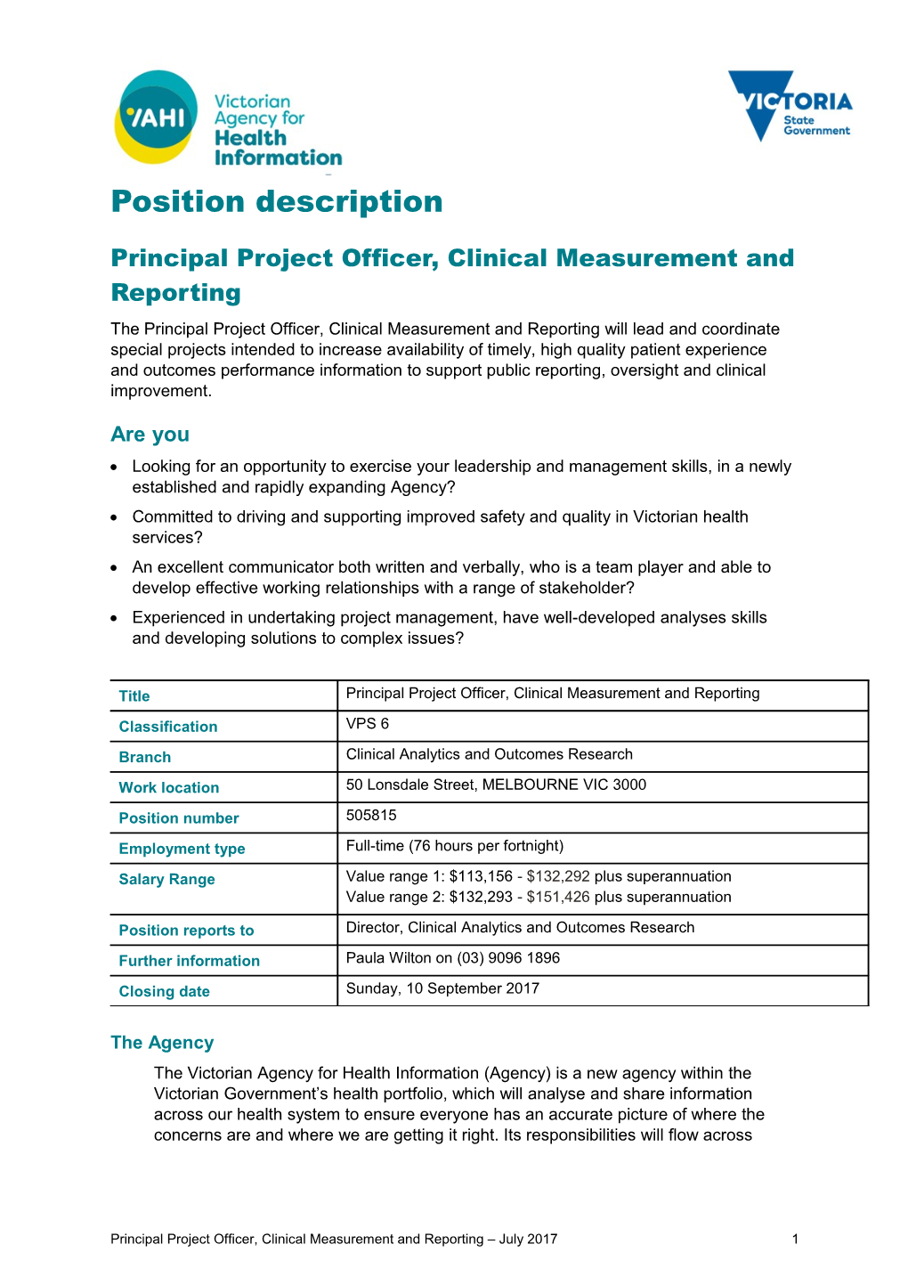 Principal Project Officer, Clinical Measurement and Reporting