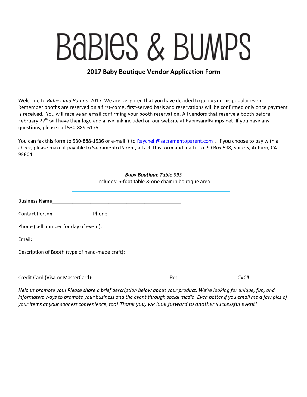 2017 Baby Boutique Vendor Application Form