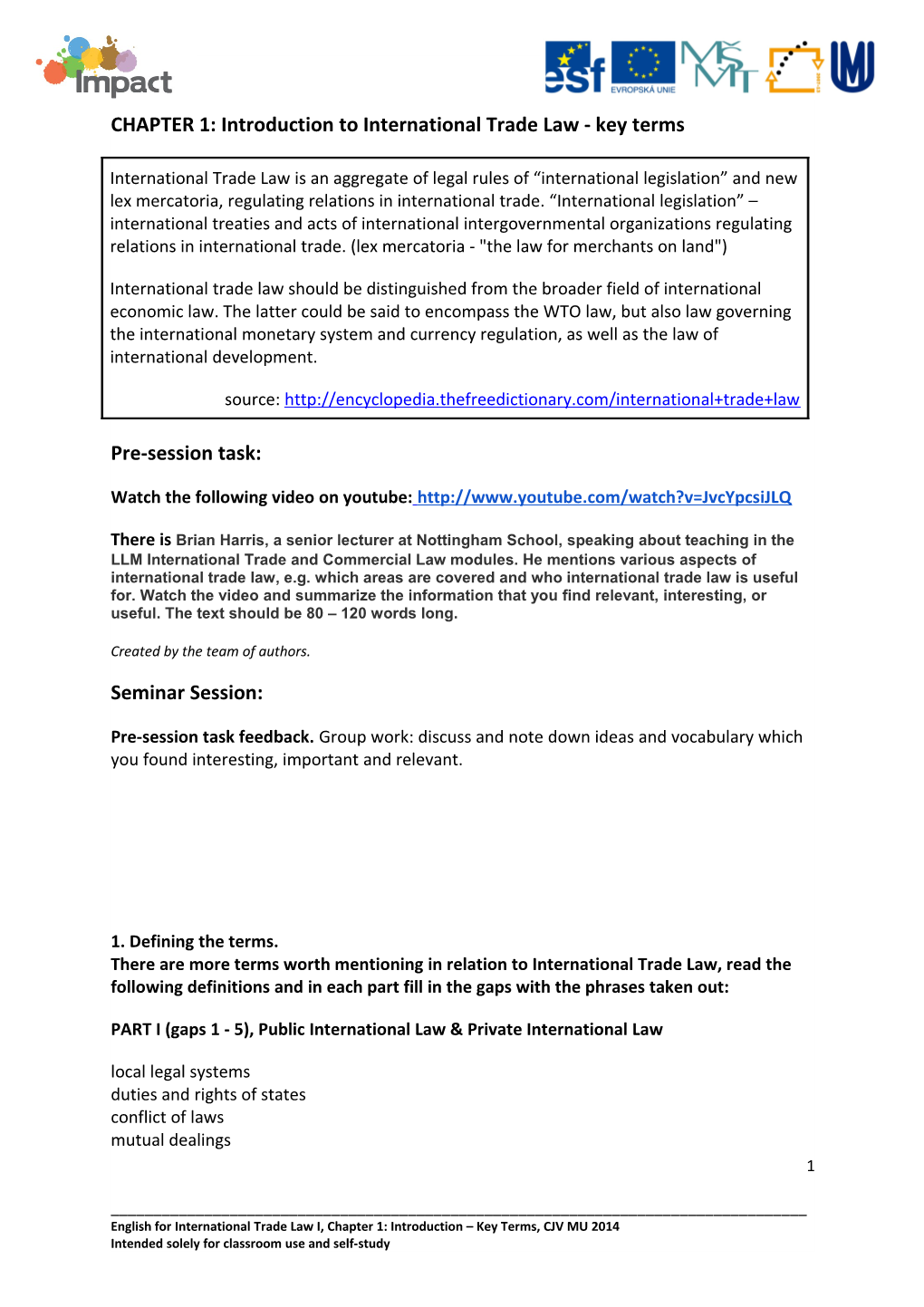 CHAPTER 1: Introduction to International Trade Law - Key Terms