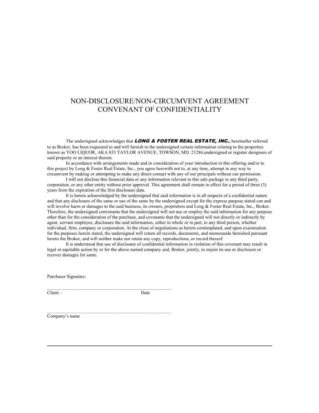Non-Disclosure/Non-Circumvent Agreement