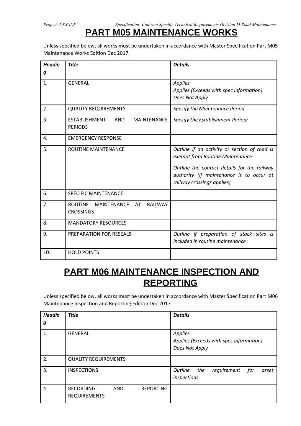 Project: Xxxxxxspecification: Contract Specific Technical Requirements Division M Road