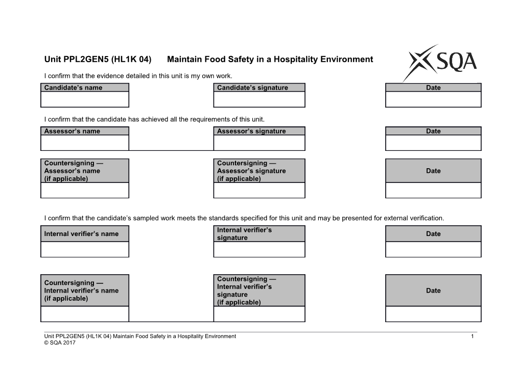 Unit PPL2GEN5 (HL1K 04) Maintain Food Safety in a Hospitality Environment