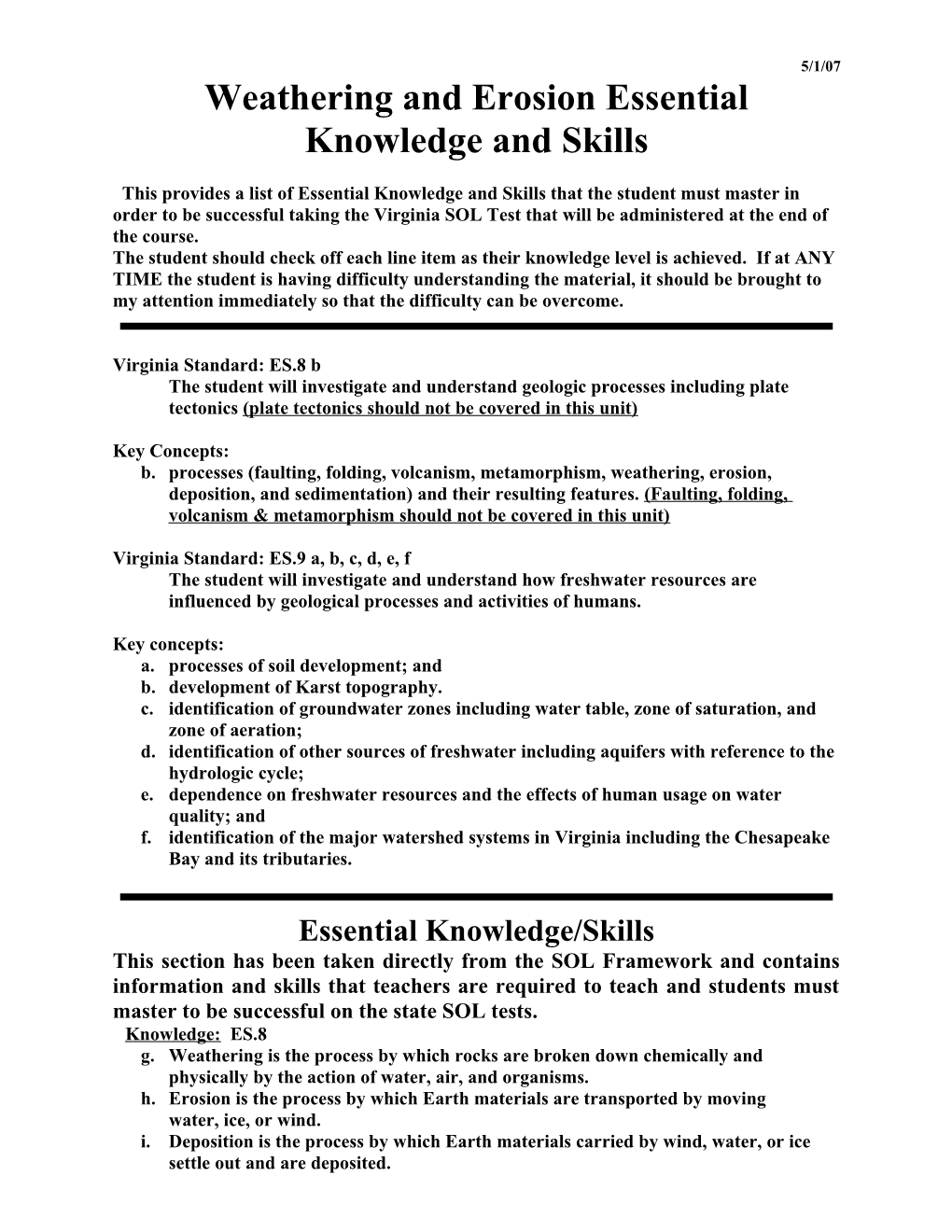 Earth Science Essential Knowledge and Skills