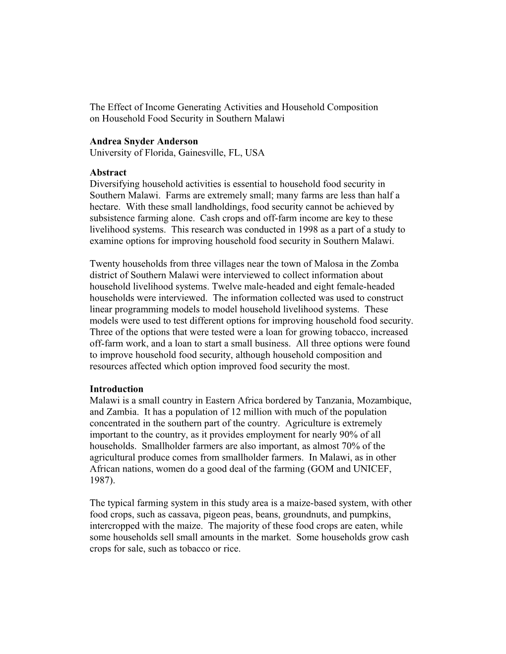 The Effect Of Income Generating Activities And Household Composition