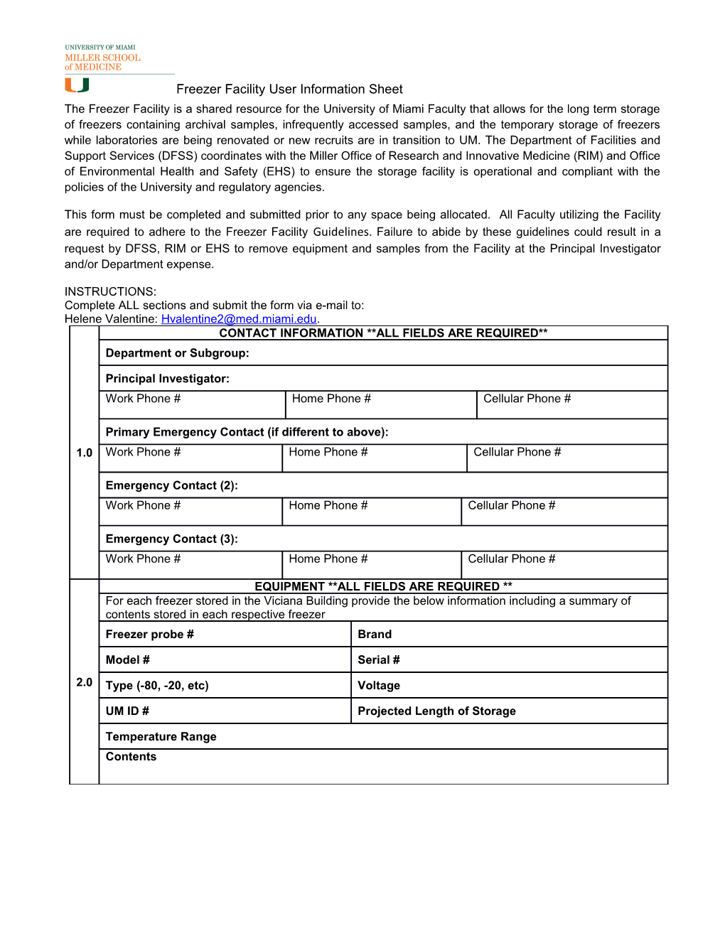 Freezer Facility User Information Sheet