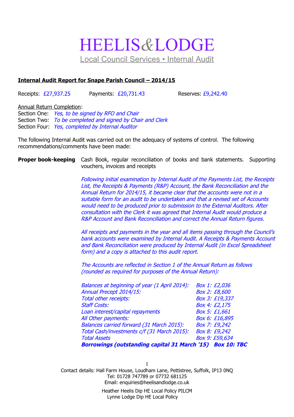 Scope of Internal Audit Work for Parish and Town Councils