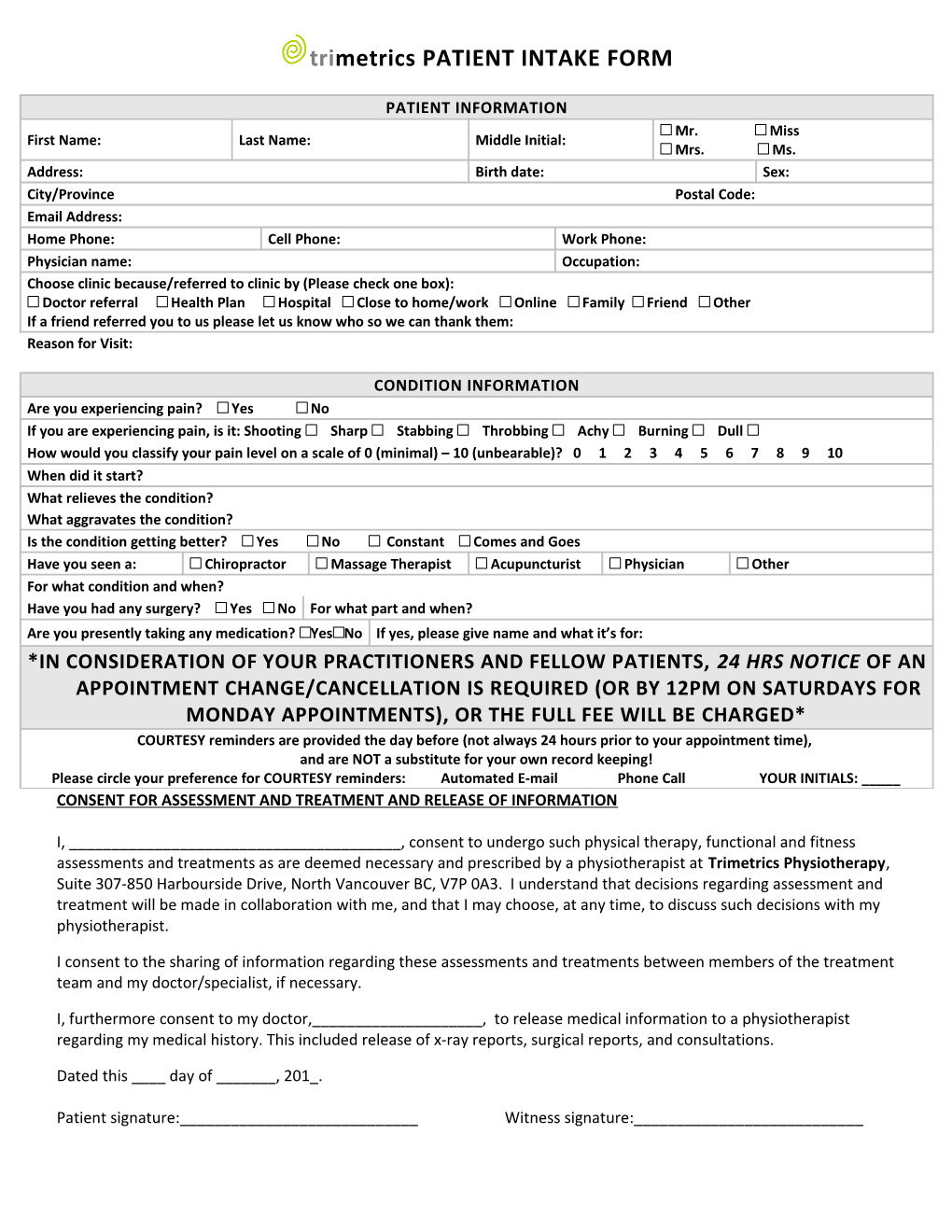 Espiritu Healing Arts Centre PATIENT INTAKE FORM