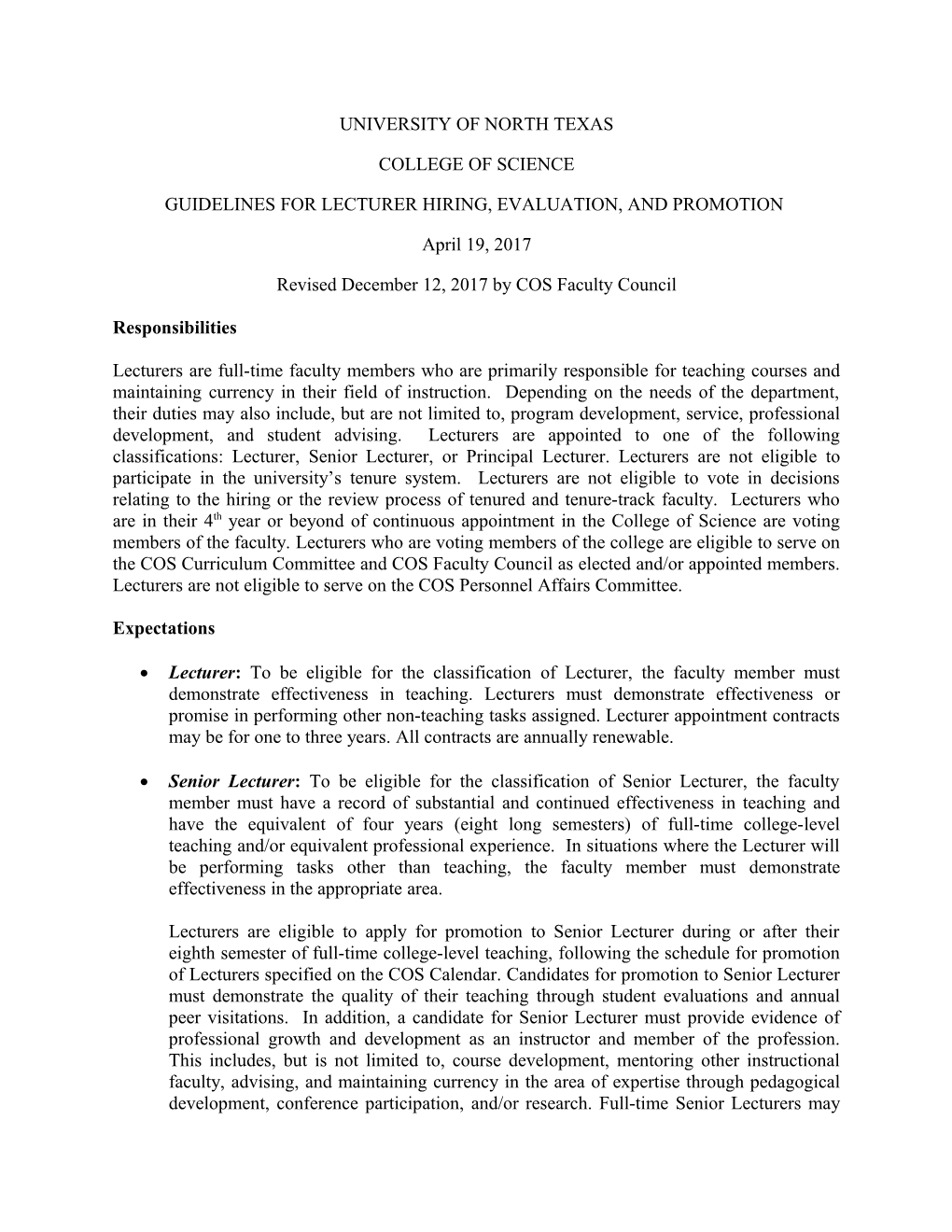 Guidelines for Lecturer Hiring, Evaluation, and Promotion