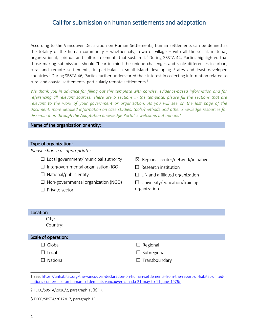 Call for Submission on Human Settlements and Adaptation