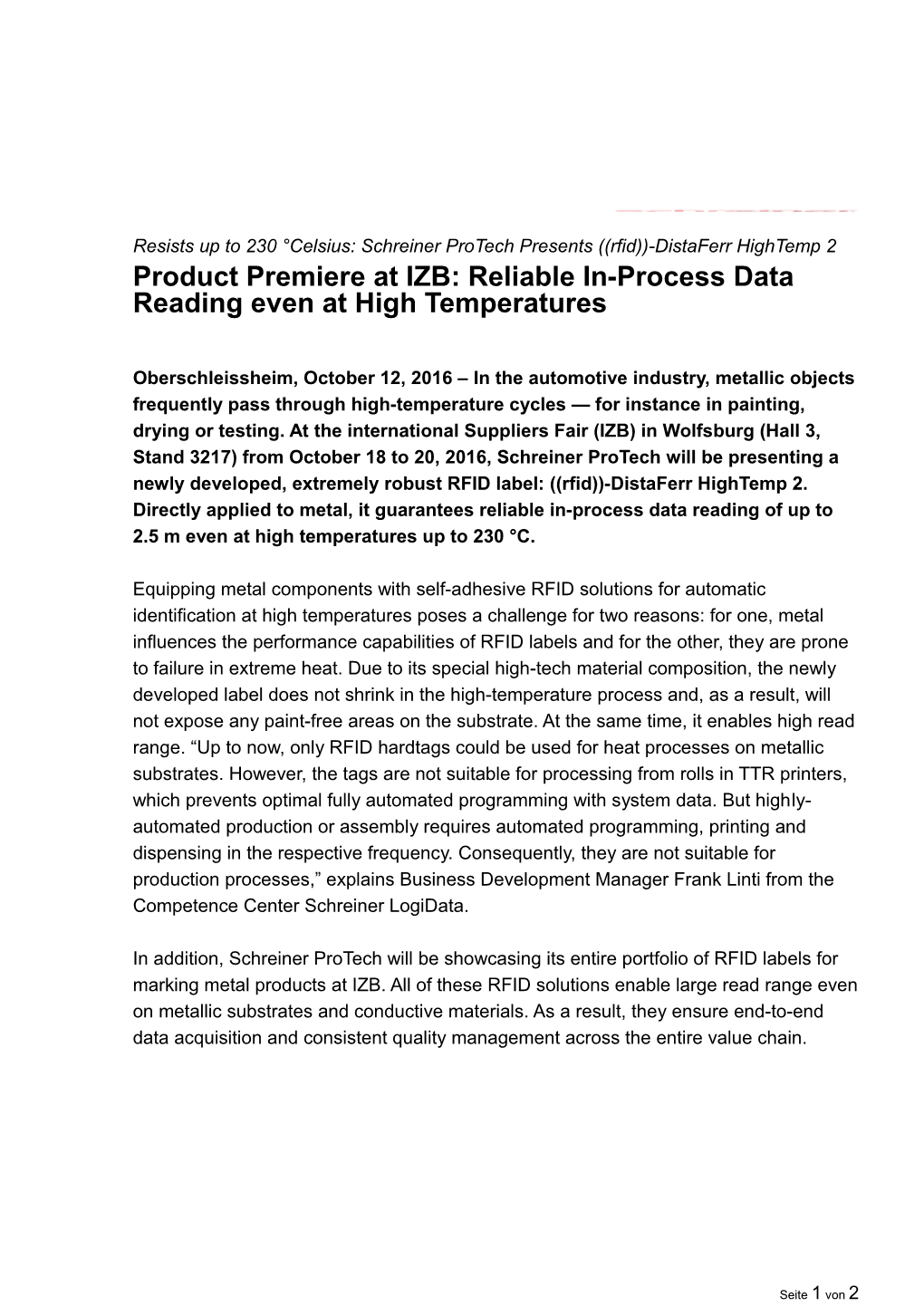 Product Premiere at IZB: Reliable In-Process Data Reading Even at High Temperatures