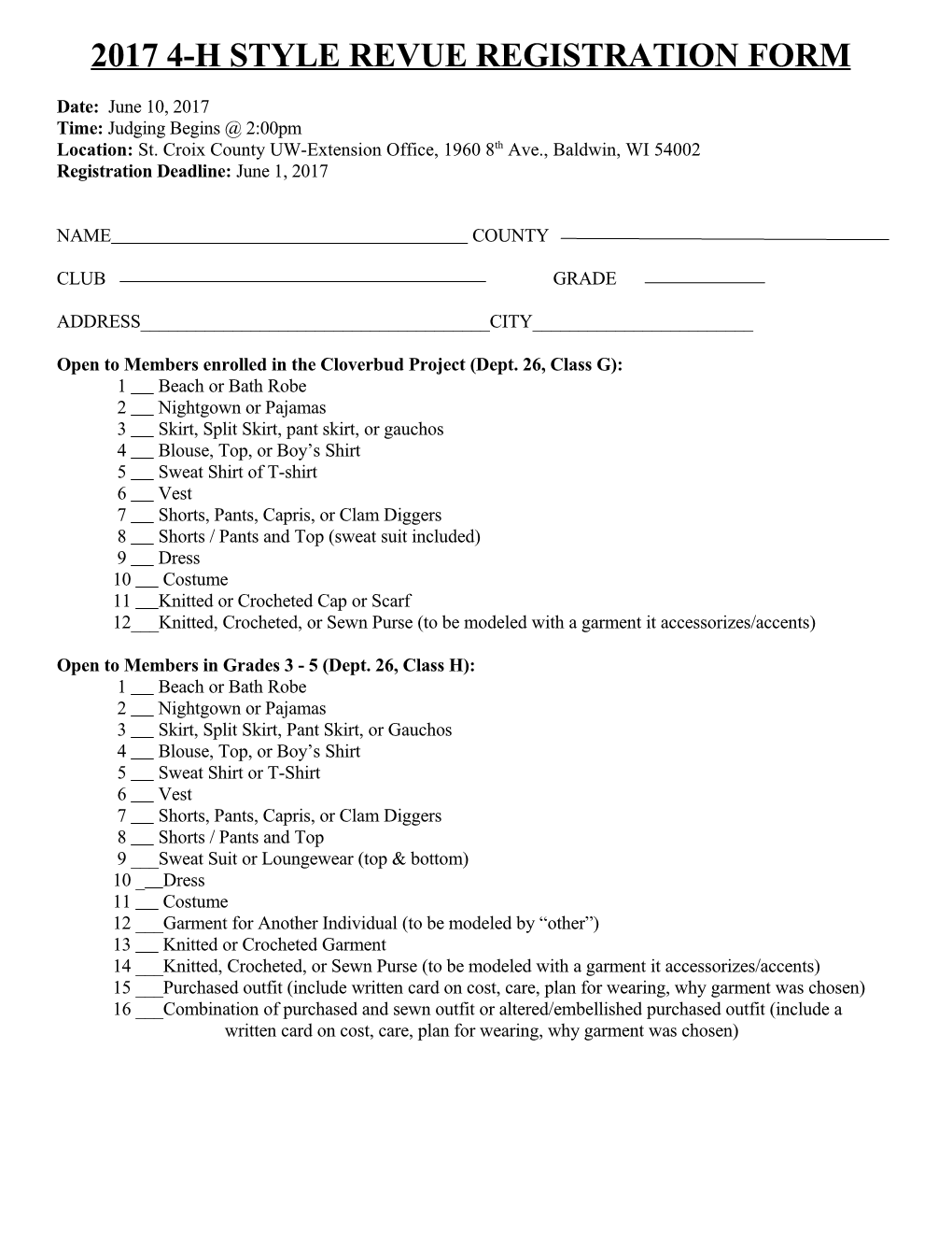 2017 4-H Style Revue Registration Form