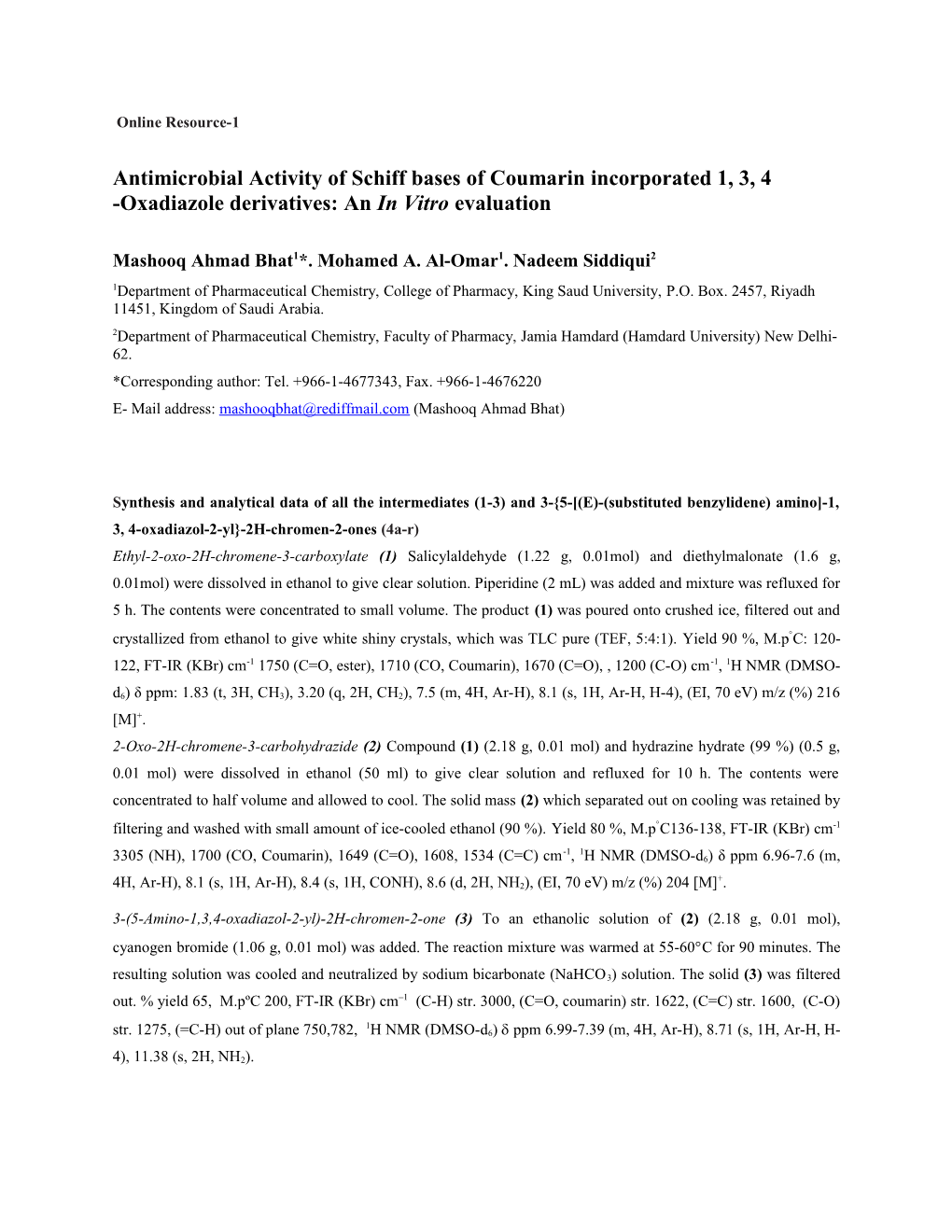 Antimicrobial Activity of Schiff Bases of Coumarin Incorporated 1, 3, 4 -Oxadiazole