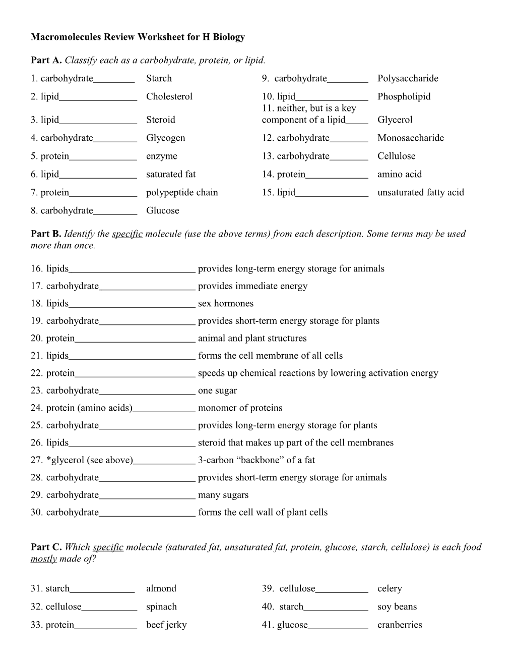 Macromolecules Review Worksheet for H Biology