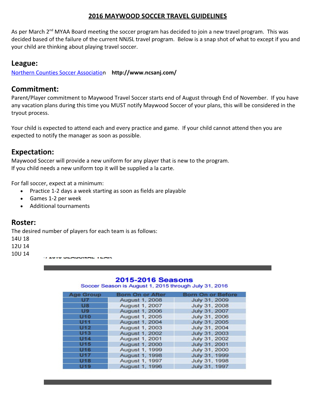 2016 Maywood Soccer Travel Guidelines