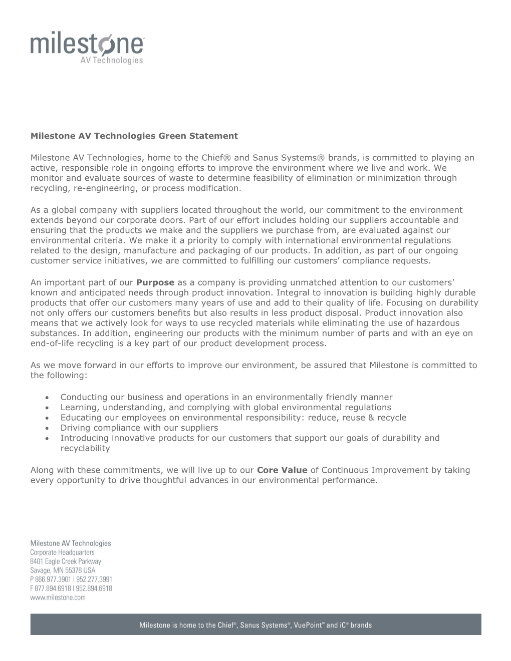 Milestone AV Technologies Green Statement