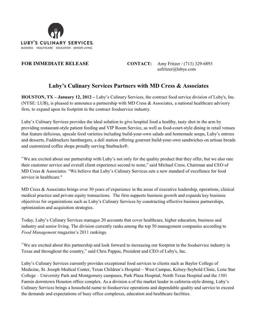 Luby S Culinary Services Partners with MD Cress & Associates
