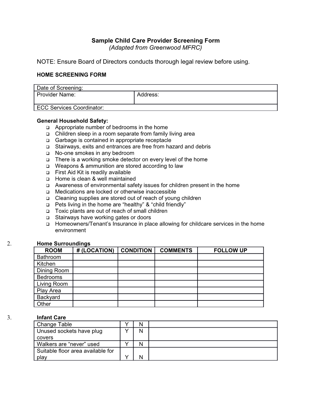 Sample Child Care Provider Screening Form