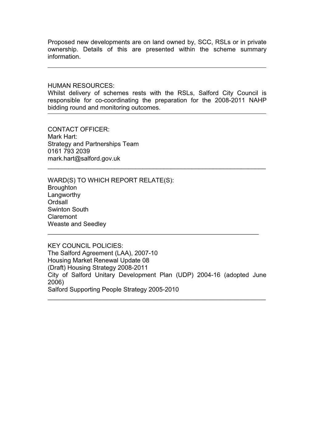 Report of the Deputy Director of Housing and Planning