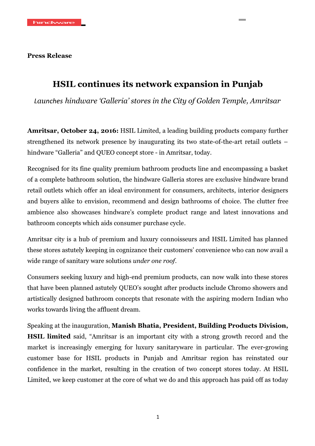 HSIL Continues Its Network Expansion in Punjab