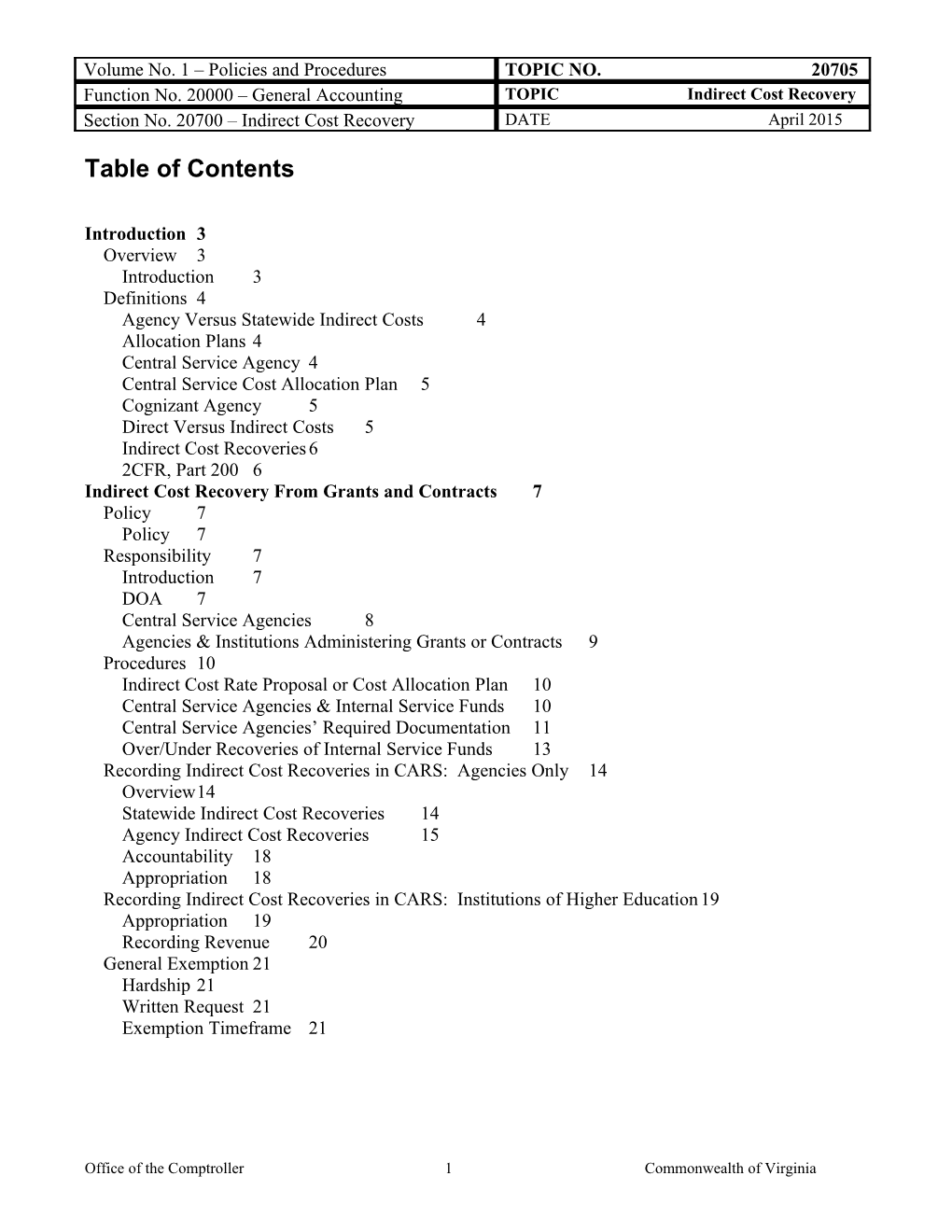 CAPP Manual - 20705 - Indirect Cost Recovery