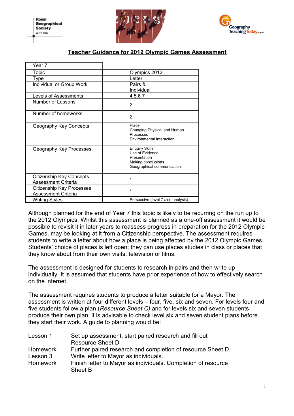 Teacher Guidance for 2012 Olympic Games Assessment