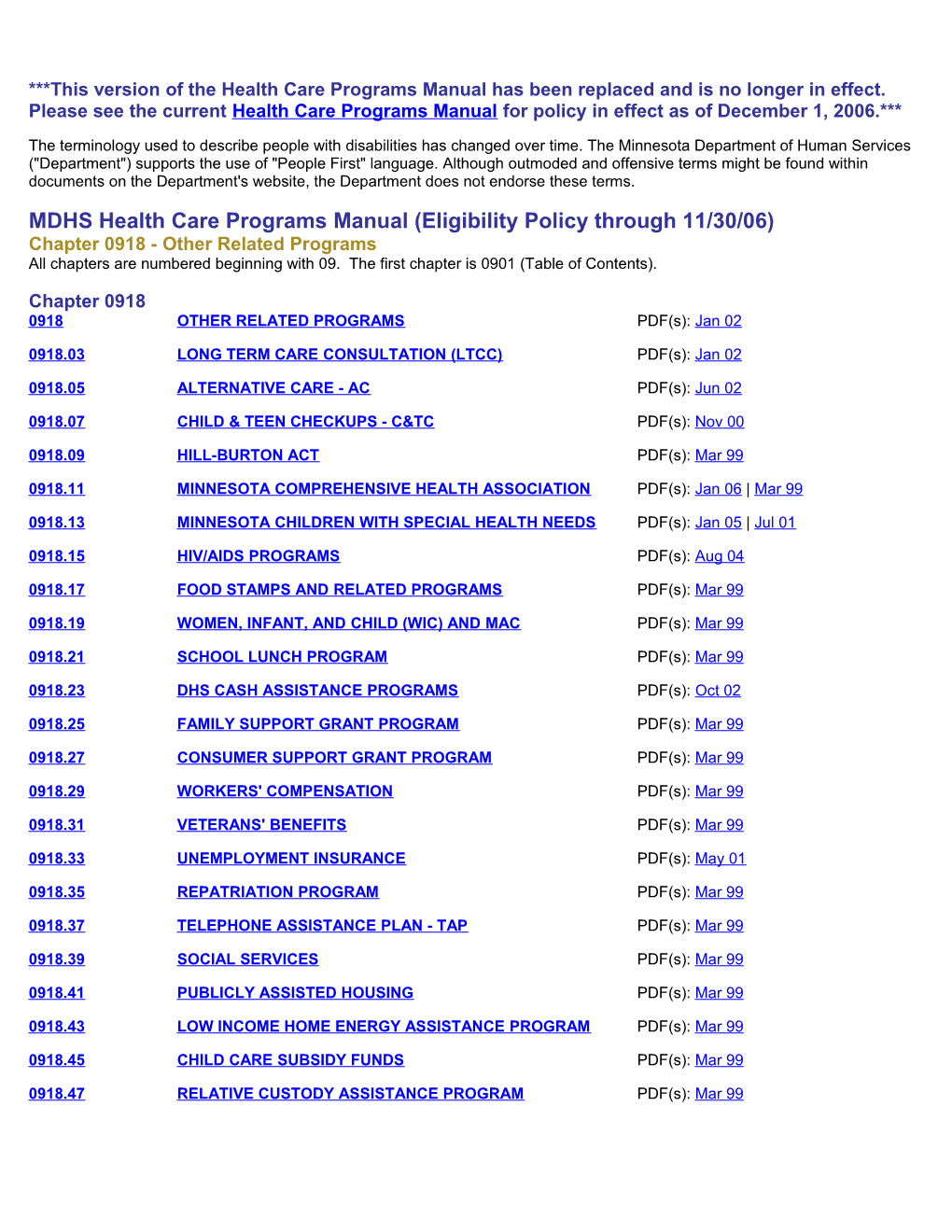 MDHS Health Care Programs Manual (Eligibility Policy Through 11/30/06)