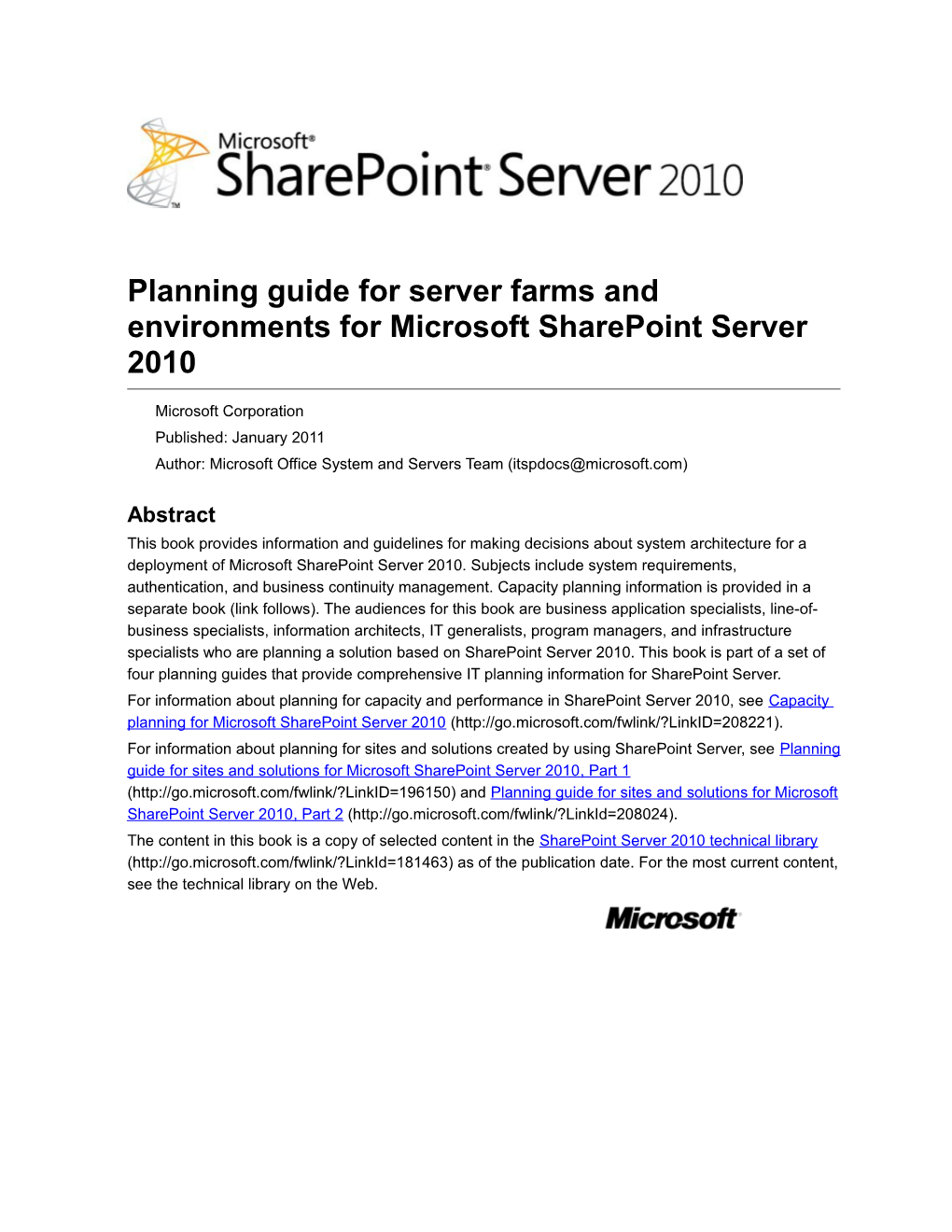 Planning Guide for Server Farms and Environments for Microsoft Sharepoint Server 2010