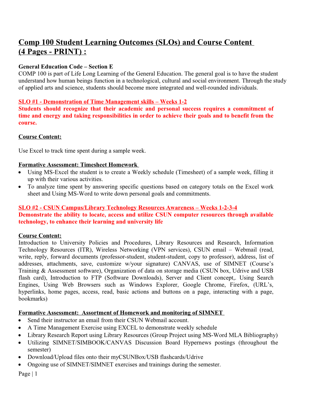 Comp 100 Student Learning Outcomes (Slos) and Course Content