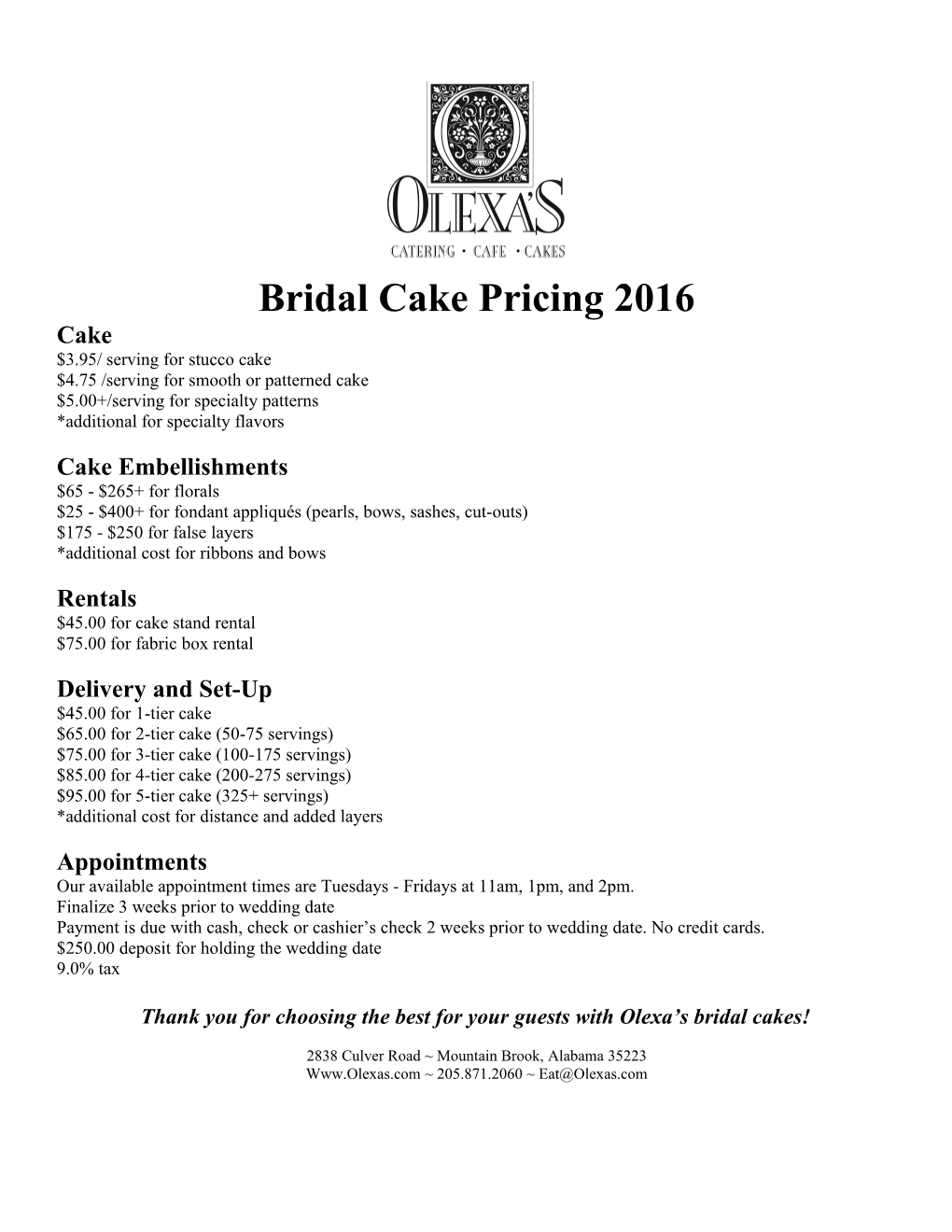 Bridal Cake Pricing 2016