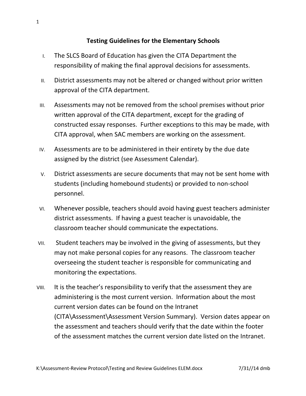 Testing Guidelines for the Elementary Schools