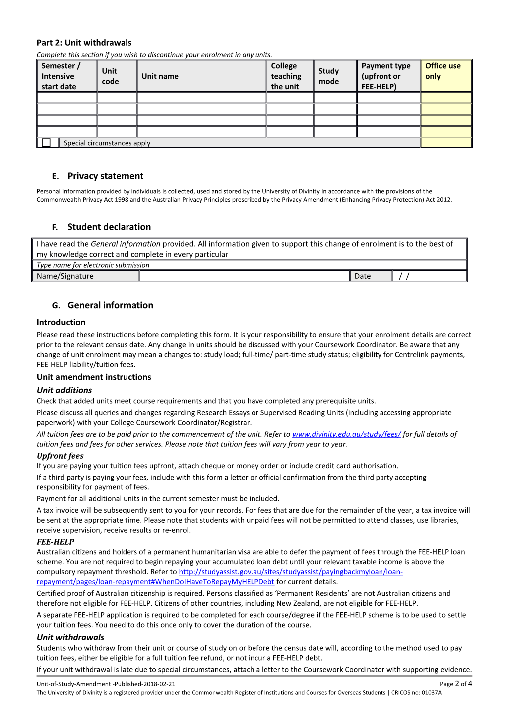 Unit of Study Amendment Form