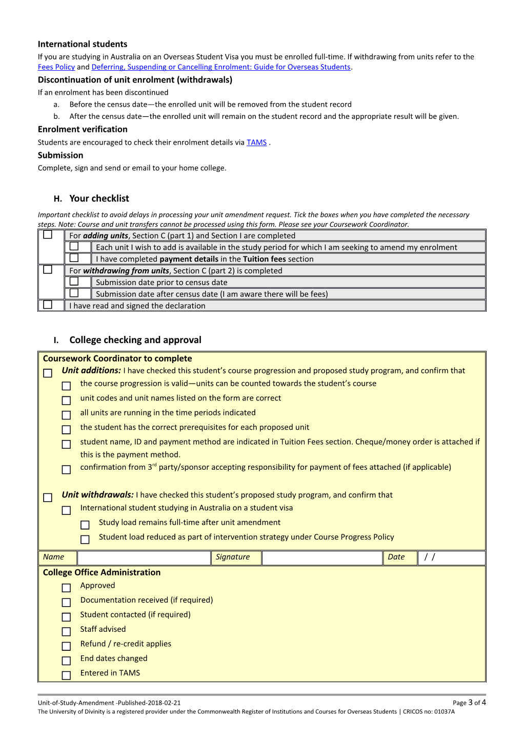 Unit of Study Amendment Form