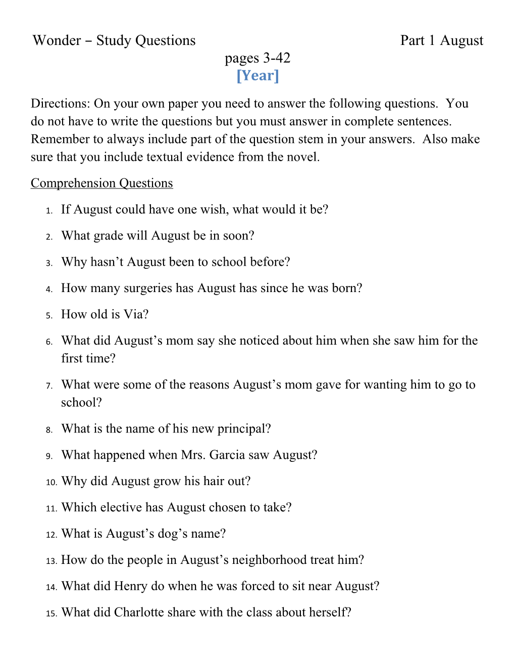 Wonder – Study Questions Part 1 August Pages 3-42