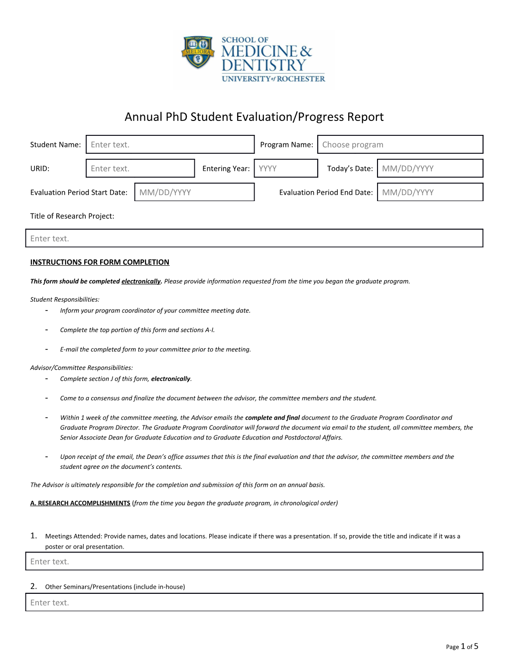 Annual Phd Student Evaluation/Progress Report