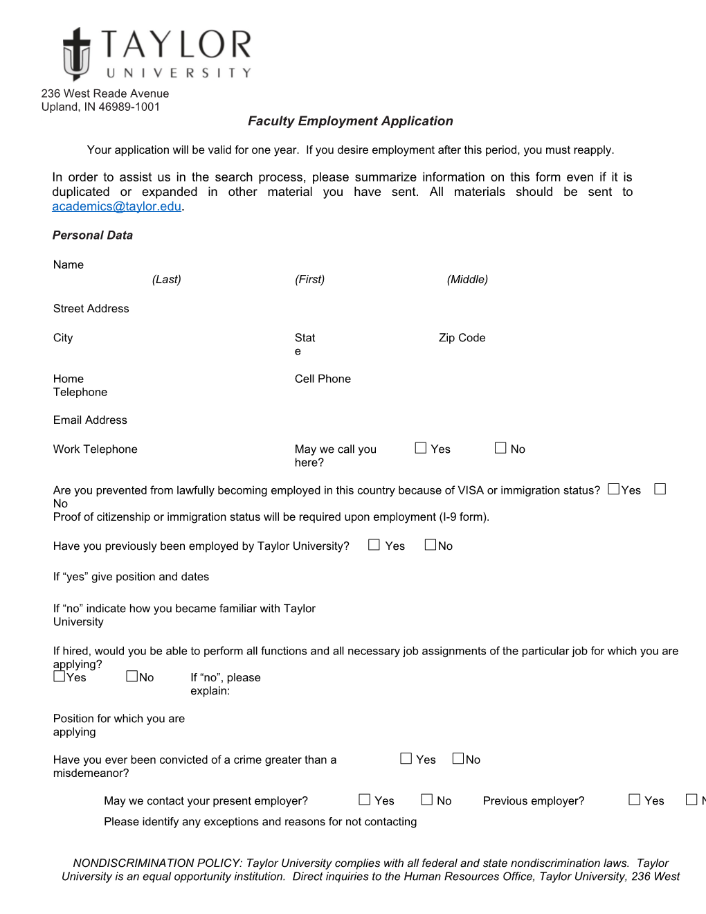 Faculty Employment Application