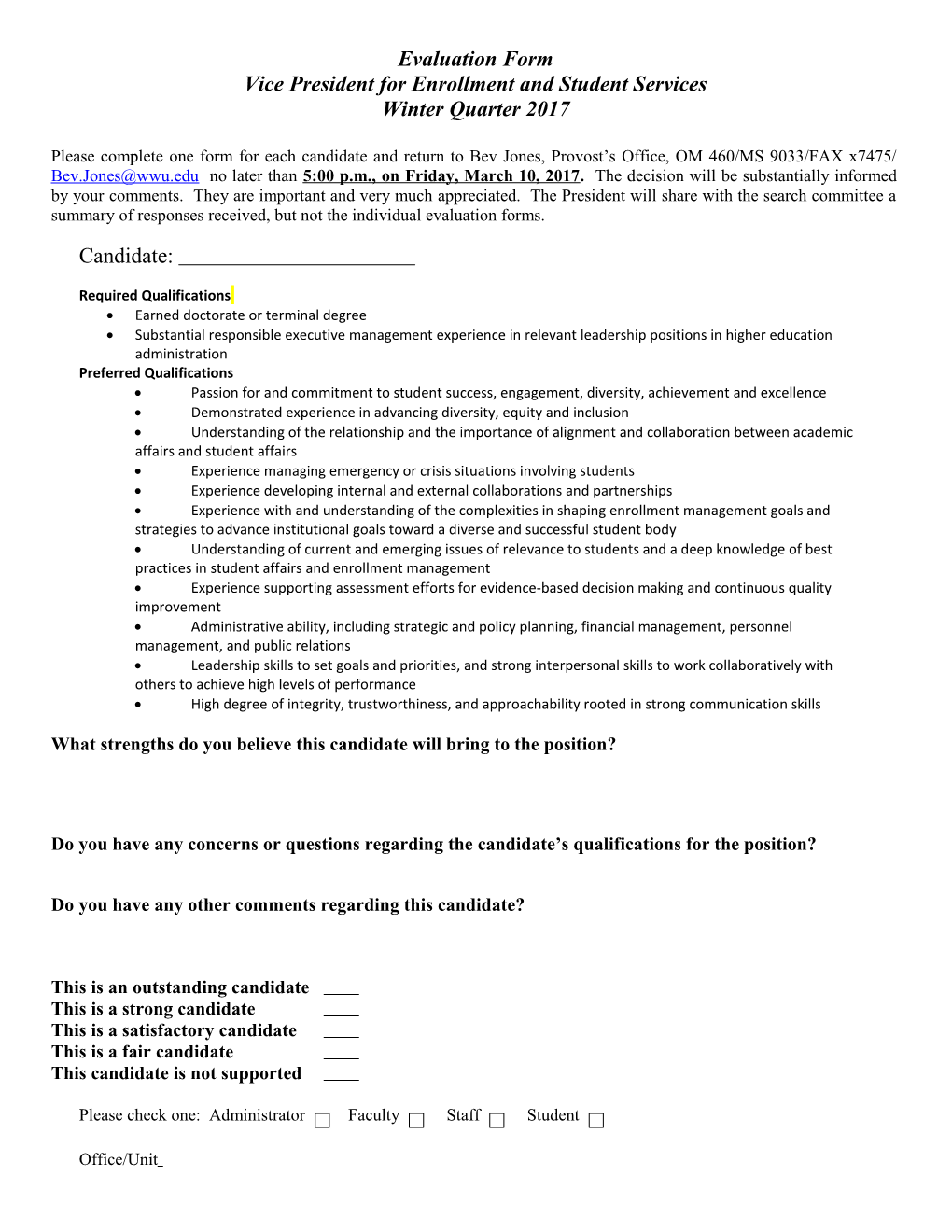 Acting University Librarian Evaluation Form