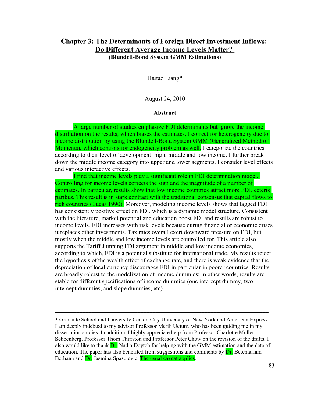 Chapter 3: the Determinants of Foreign Direct Investment Inflows