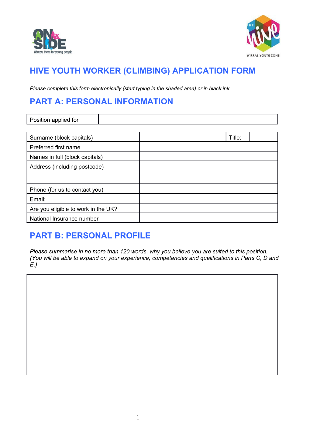 Hive Youth Worker (Climbing) Application Form