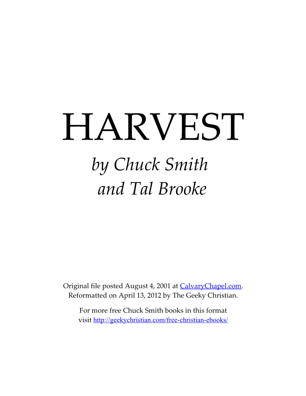 HARVEST by Chuck Smith and Tal Brooke