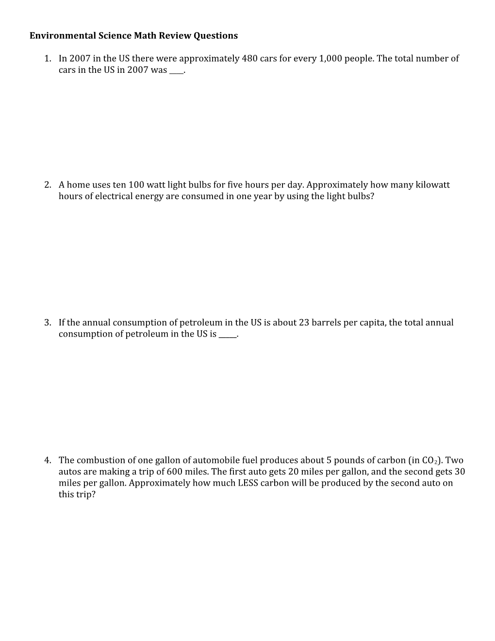 Environmental Science Math Review Questions