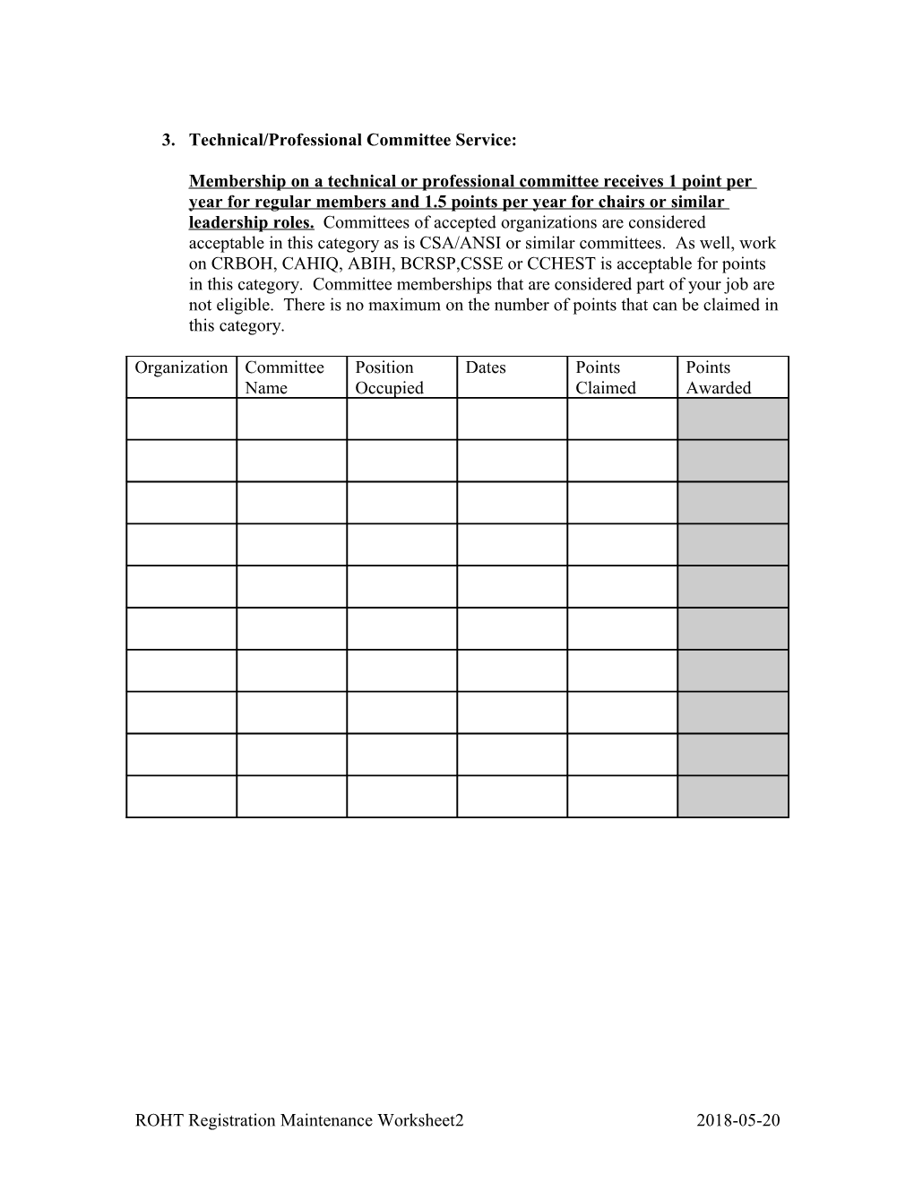 Roht Registration Maintenance Worksheet