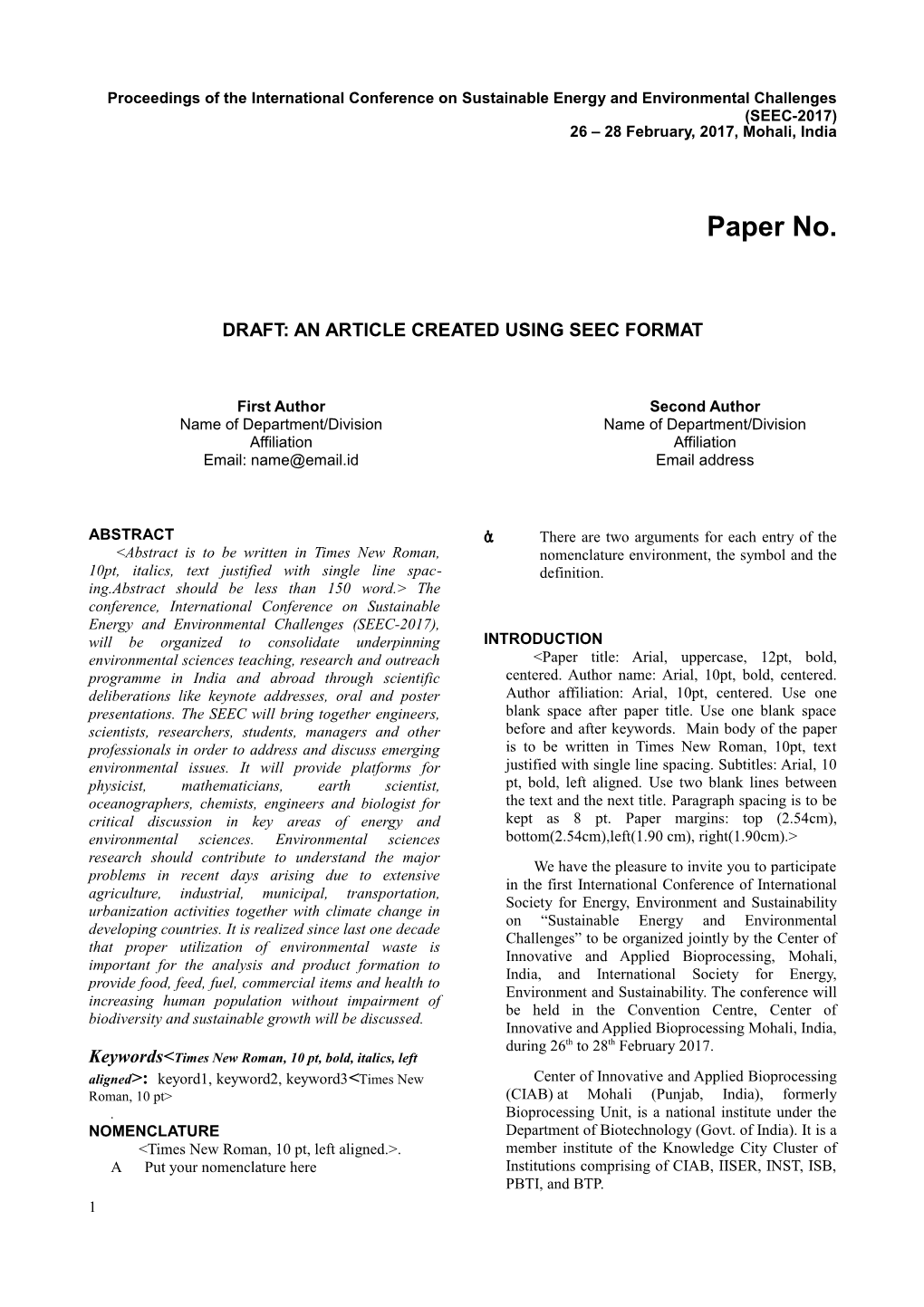 Proceedings of the International Conference on Sustainable Energy and Environmental Challenges